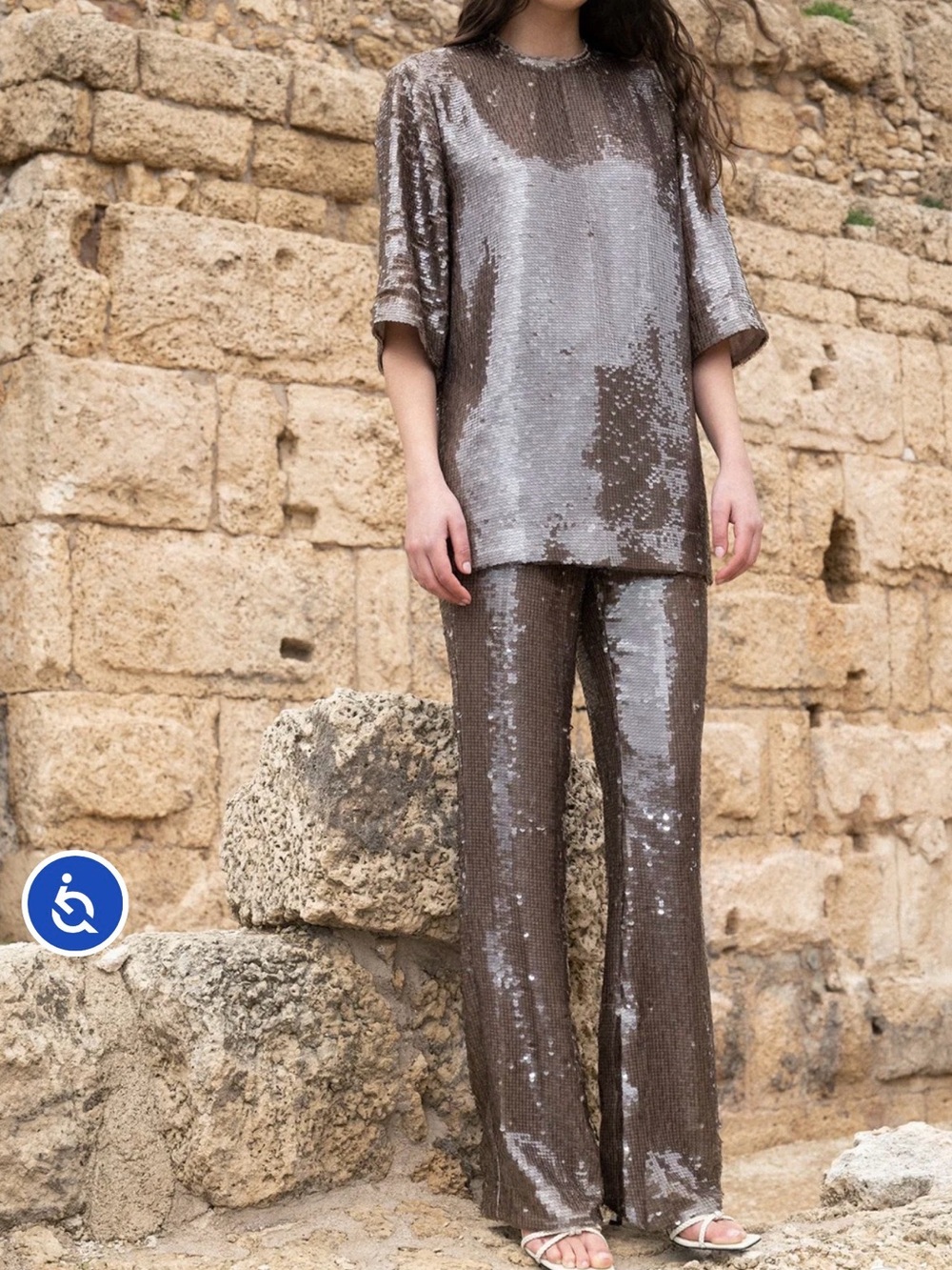 Sabina Musayev Metallic Taupe Sequin Wide-Leg Pants